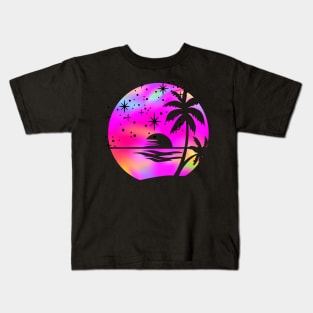 Hot Pink Holographic Rainbow Palm Trees: Ocean Beach Scene Retro Vintage Sunset Aesthetic Kids T-Shirt